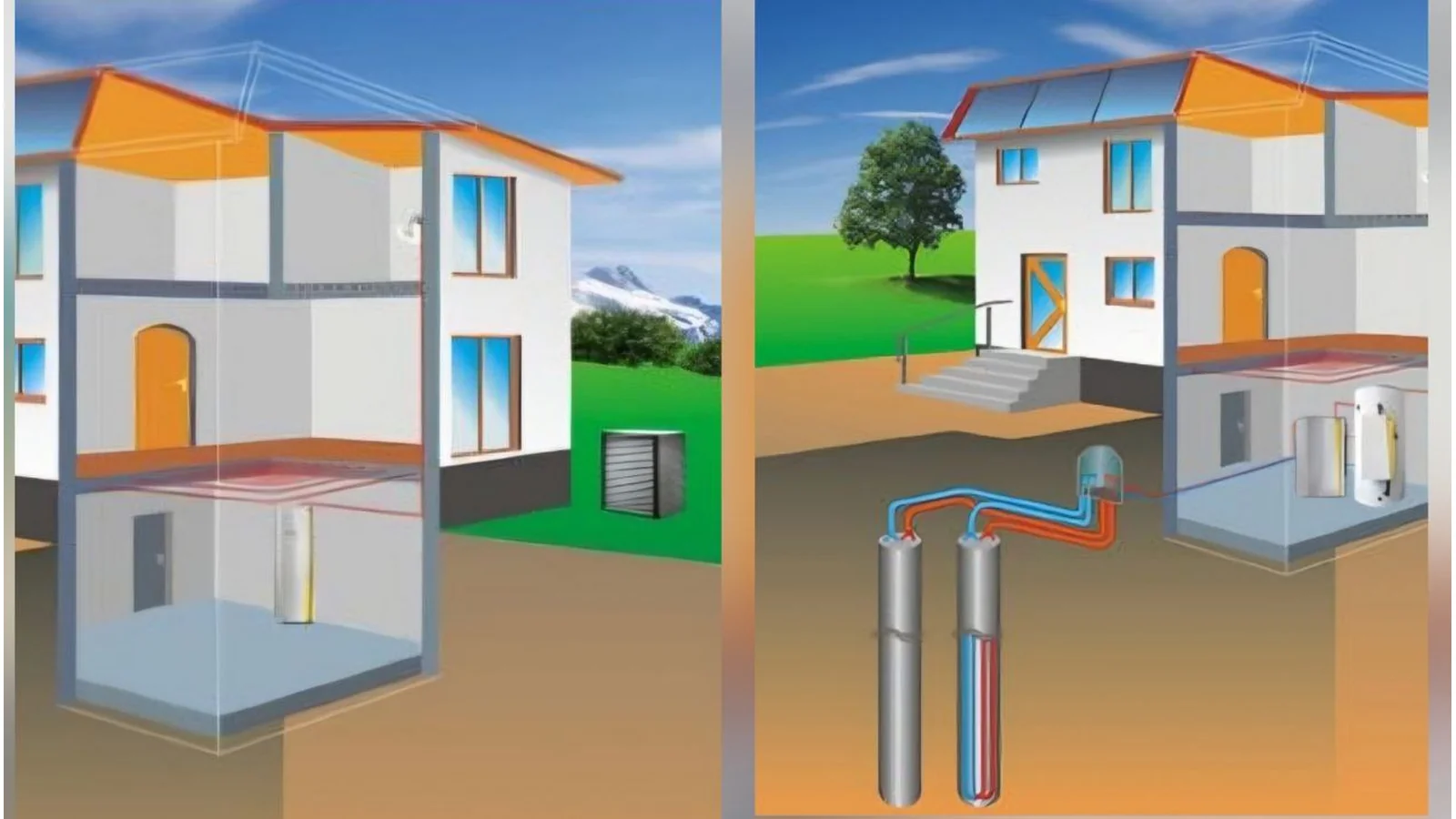 Схема порівняння теплового насоса повітря-вода та геотермального теплового насоса ґрунт-вода для опалення будинку: принцип роботи, встановлення, ефективність СОР, геозонди, зовнішній блок, система опалення та ГВП